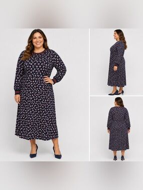 Boden Navy Geometric Print Long Sleeve Midi Dress US 18L UK 22L
